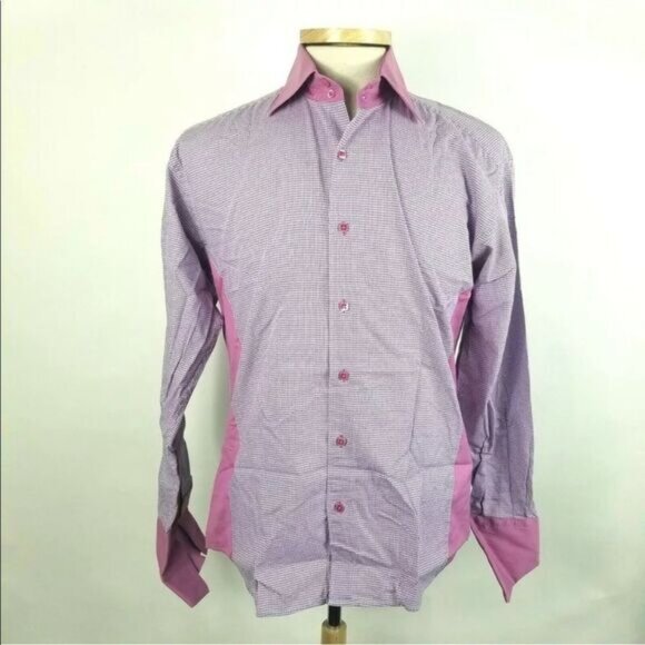 Bertigo 4 Medium Pink Houndstooth French Cuff Cotton Shirt Made in Turkey. - Picture 2 of 7